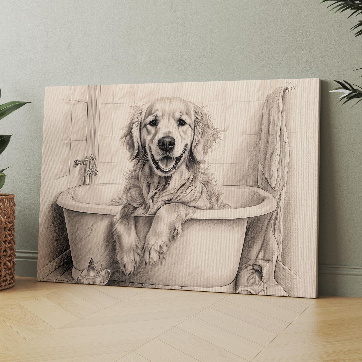 Golden Retriever Taking Bath In Bathtub