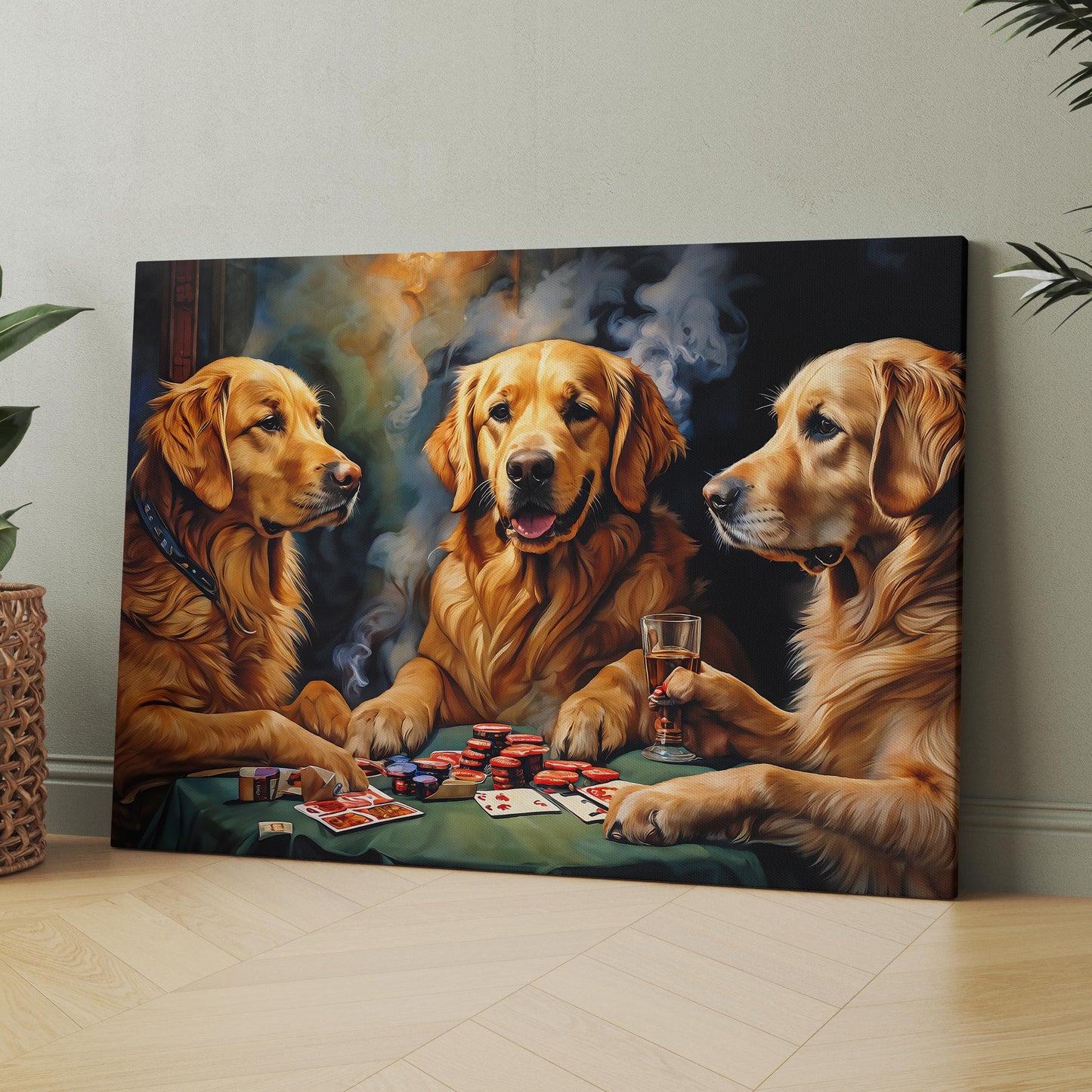 Golden Retrievers Drinking & Playing Cards