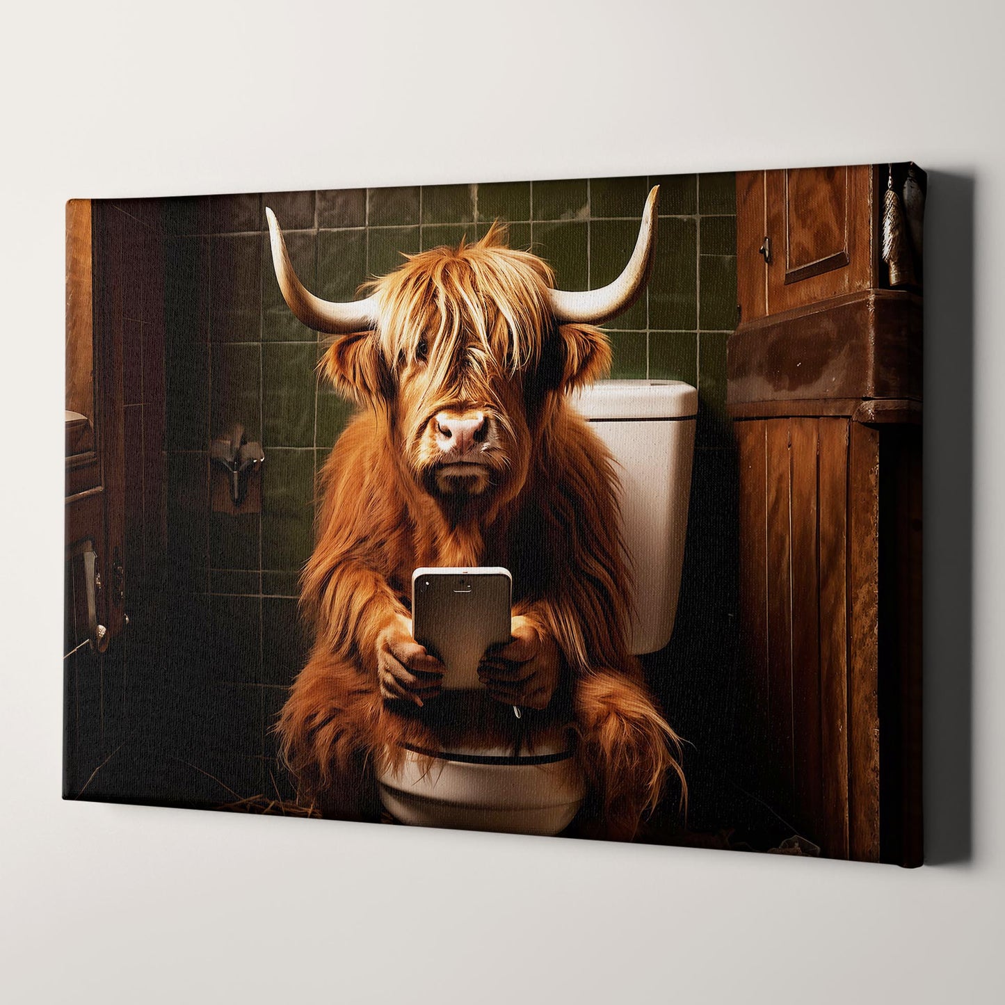 Highland Cow On Phone On Toilet