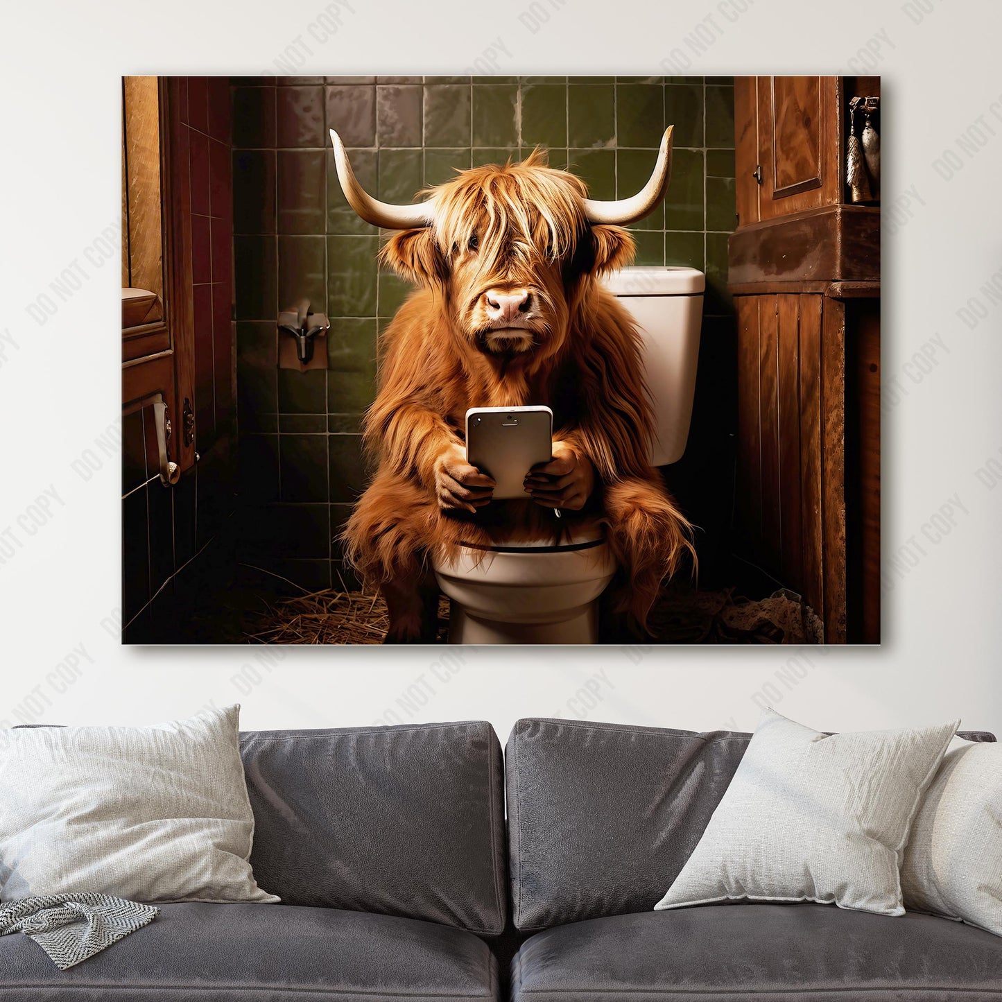 Highland Cow On Phone On Toilet