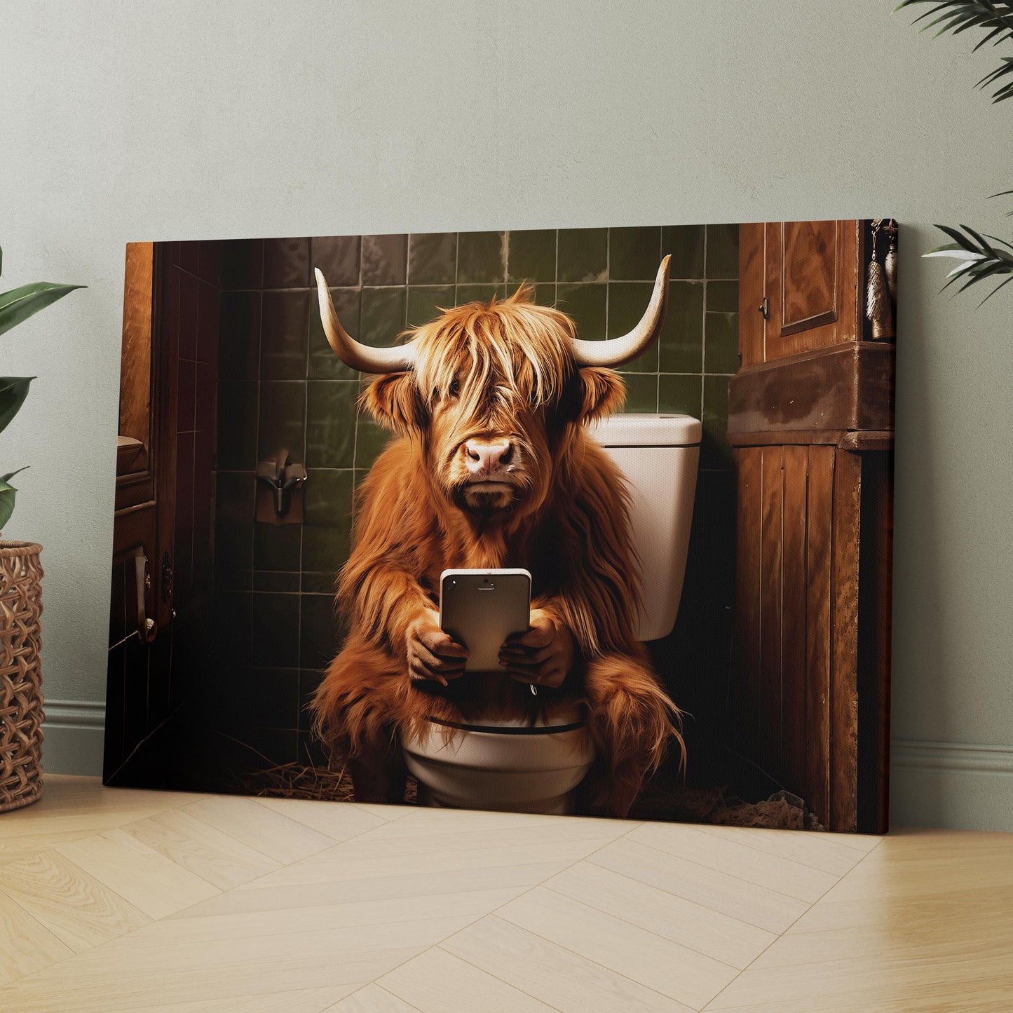 Highland Cow On Phone On Toilet