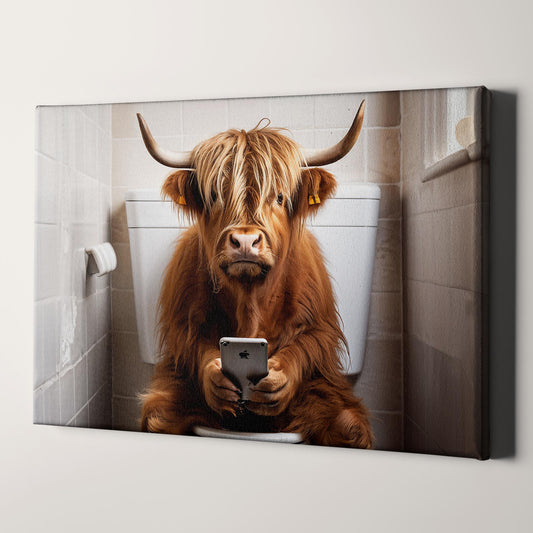 Highland Cow On The Phone On The Toilet