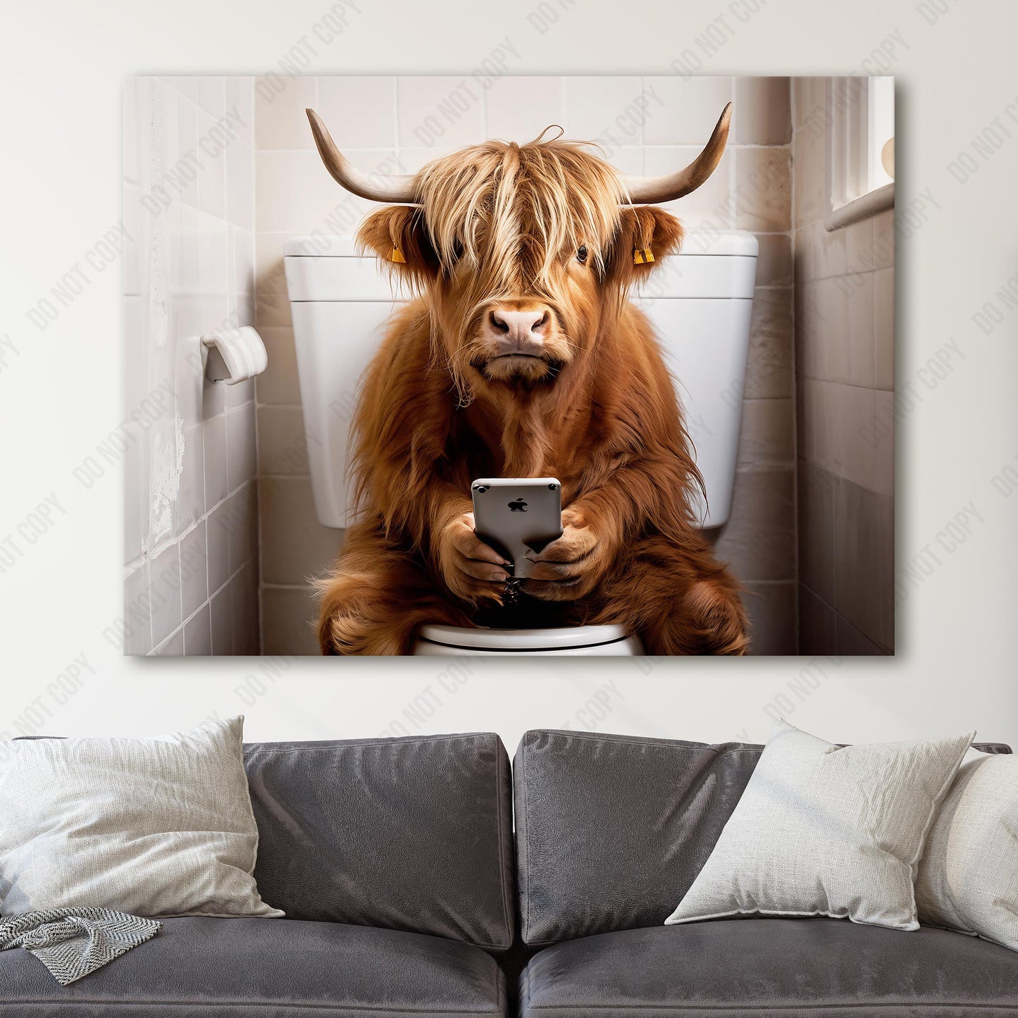 Highland Cow On The Phone On The Toilet