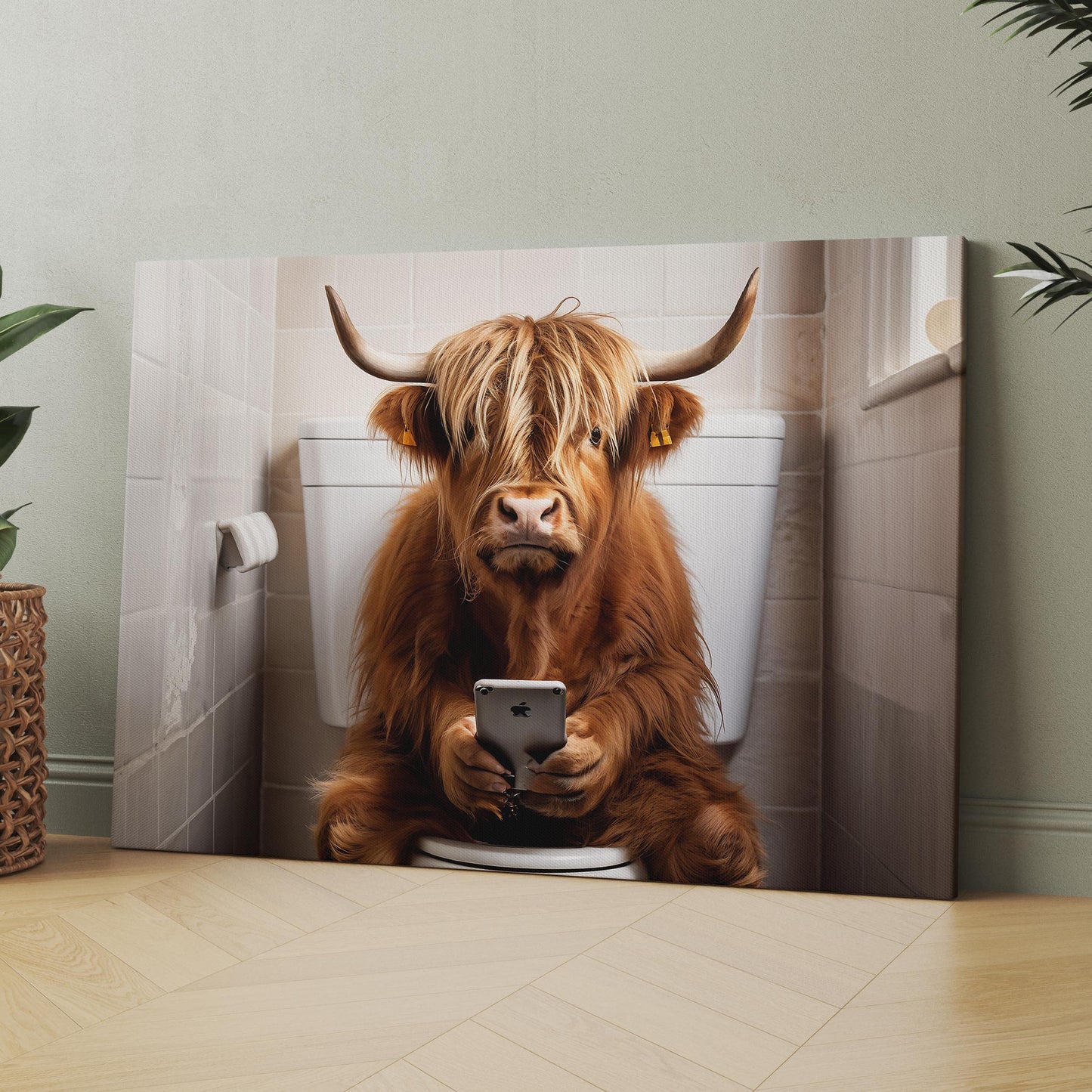 Highland Cow On The Phone On The Toilet