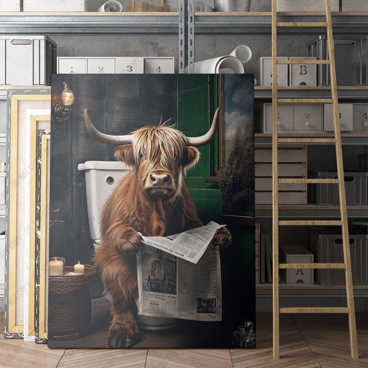 Highland Cow On The Toilet Reading The Newspaper