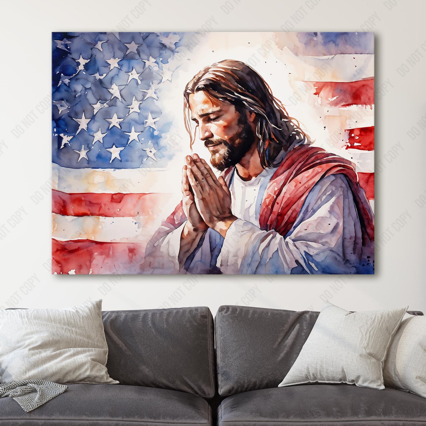 In God We Trust - Jesus Praying With American Flag