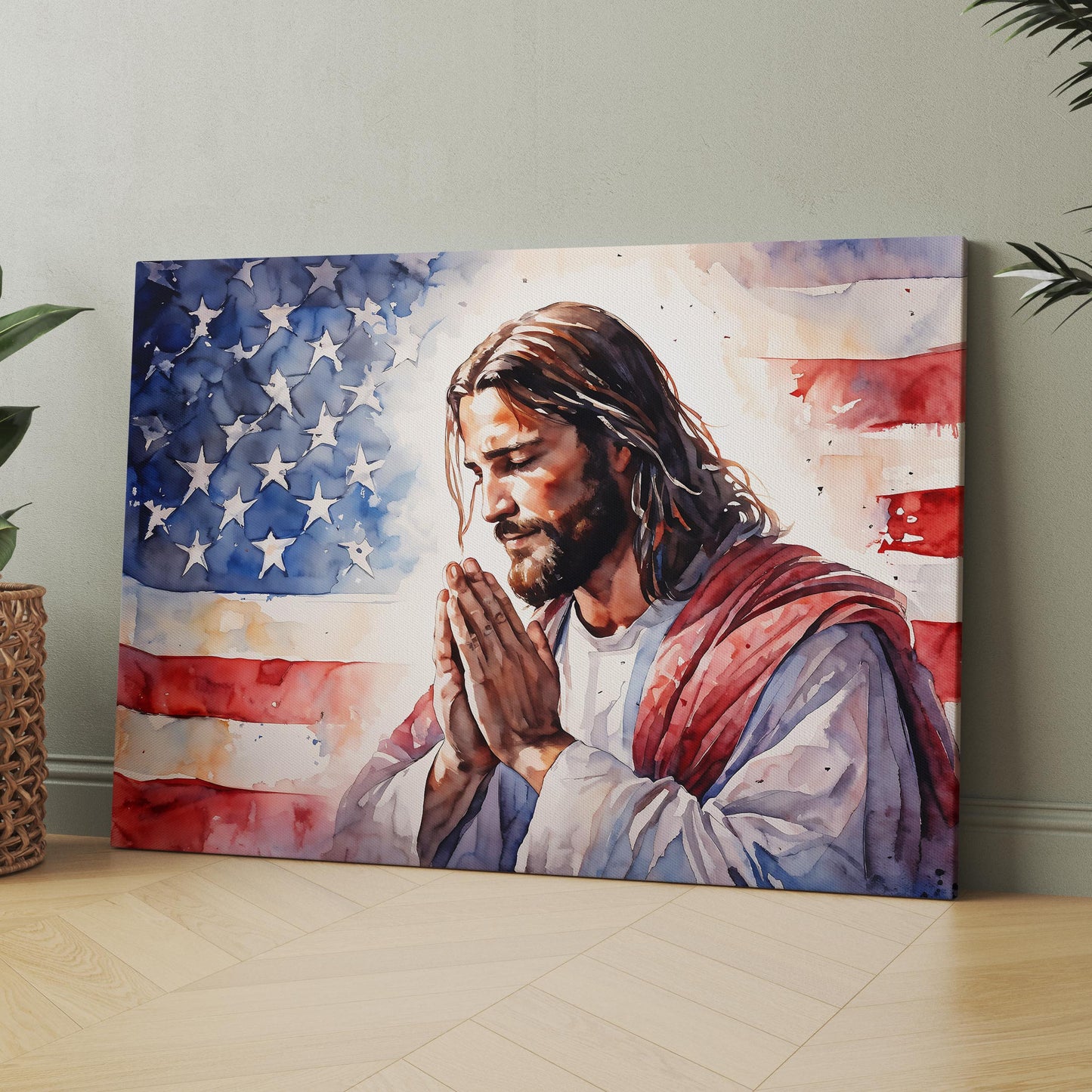 In God We Trust - Jesus Praying With American Flag