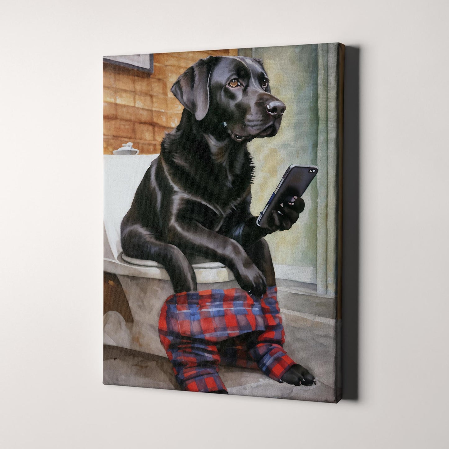 Black Labrador Retriever On Phone On Toilet