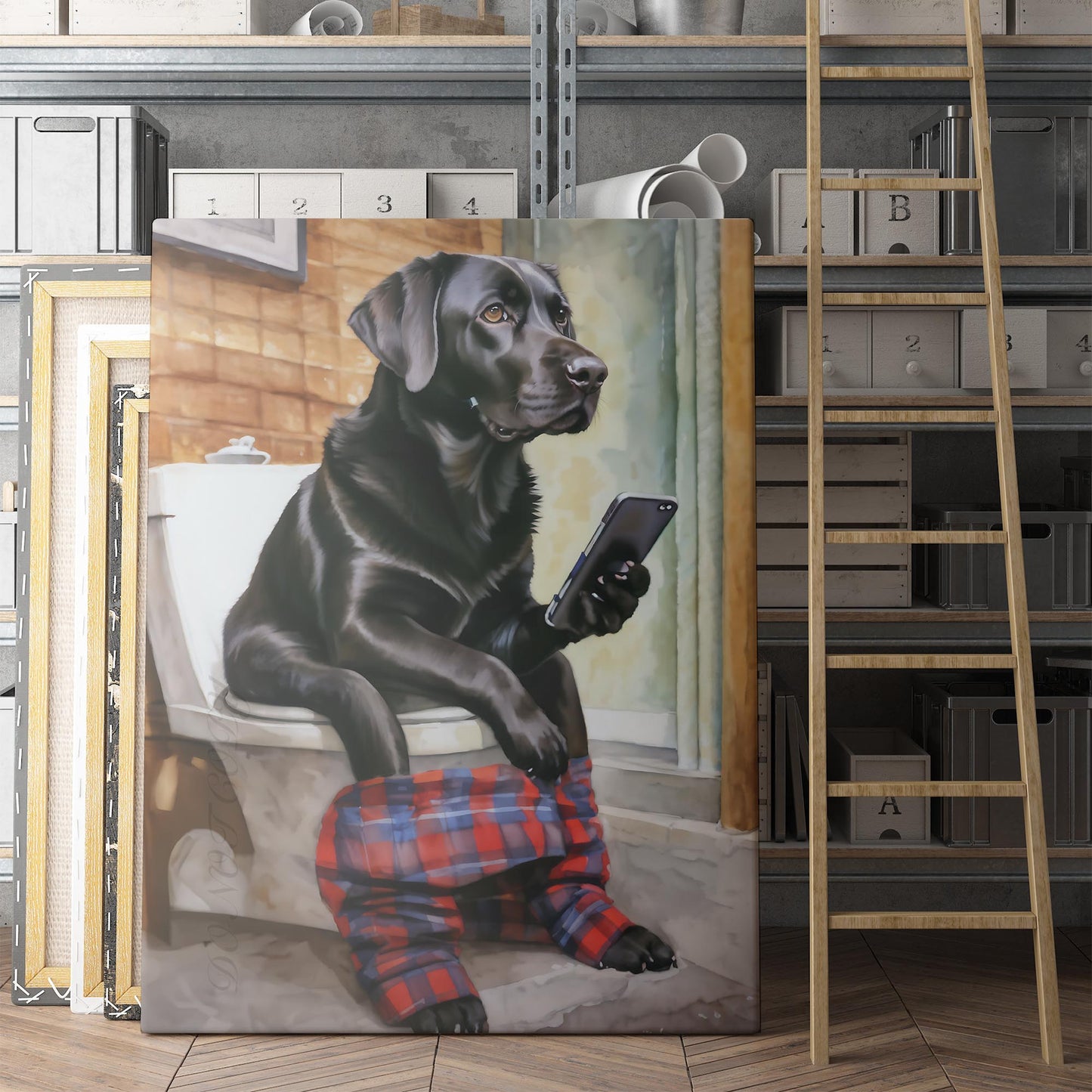 Black Labrador Retriever On Phone On Toilet