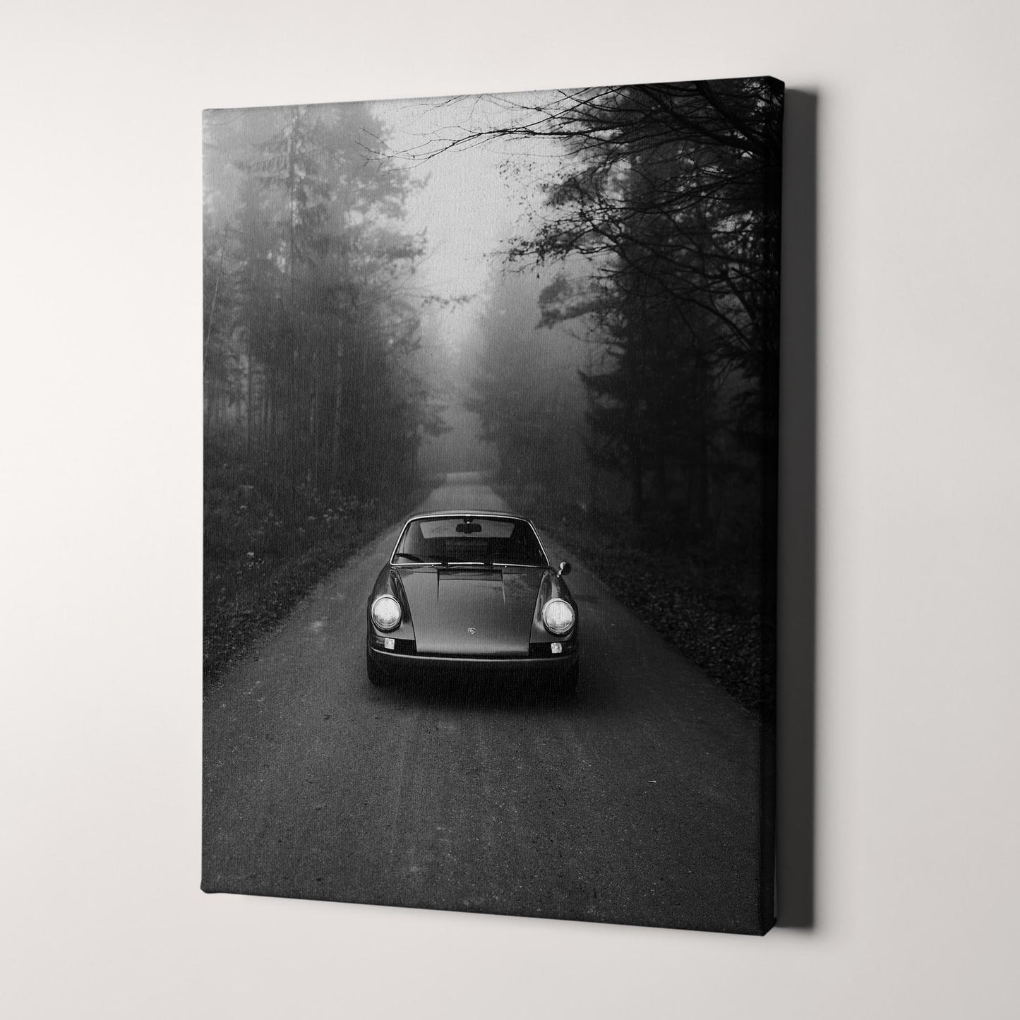 Vintage Blue Porsche in the Mist in Black & White