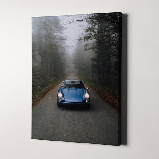 Vintage Blue Porsche in the Mist