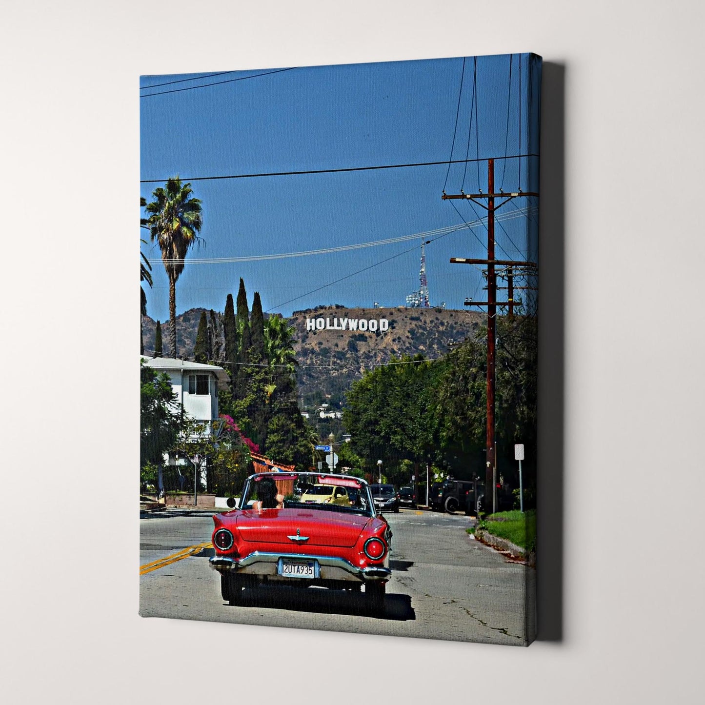 Red Convertible with Hollywood Sign