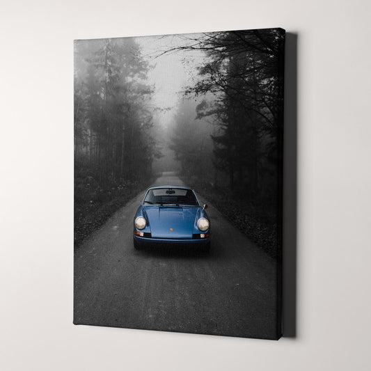 Vintage Blue Porsche in the Mist on Black & White