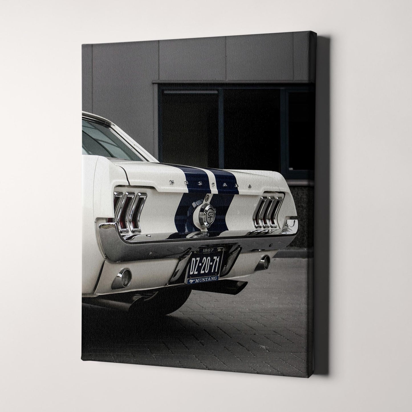 White Ford Mustang with Blue Stripes