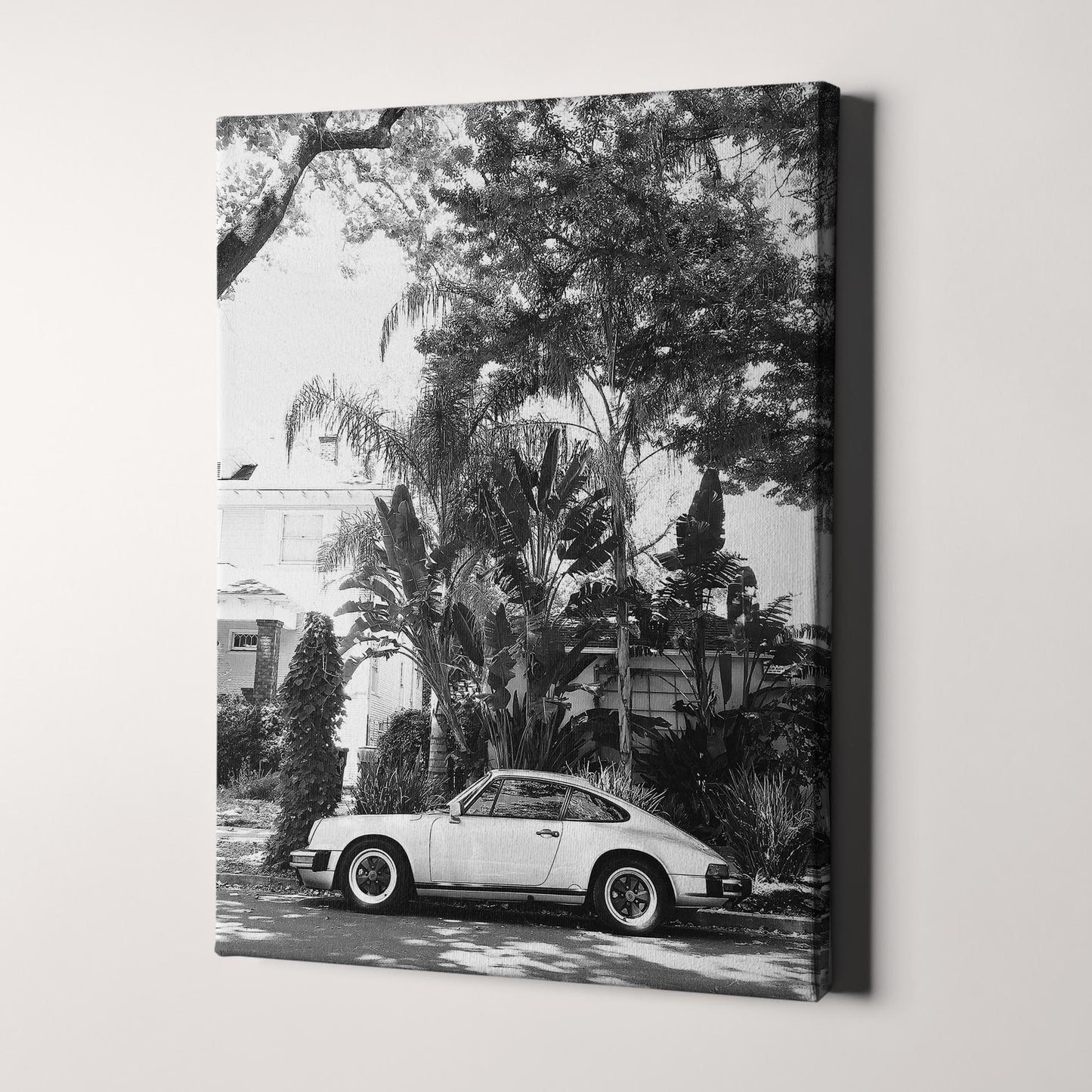 Vintage Porsche 911 Under Palm Trees in Black & White