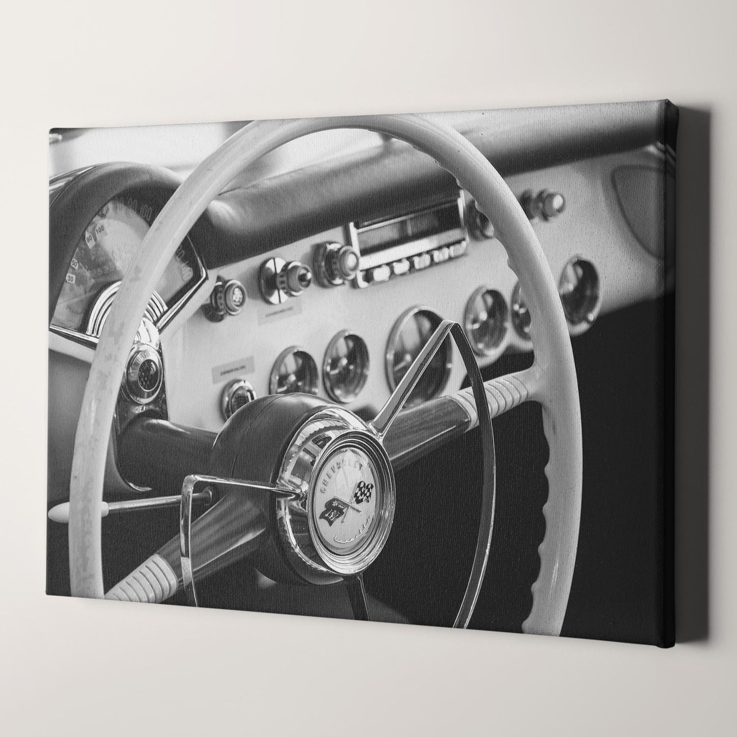 Classic Chevrolet Corvette Interior Dashboard in Black & White