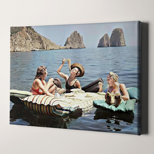 Floating Luncheon, Three Young Women Eat Spaghetti on Inflatable Mattresses at Lake of Capri, 1939