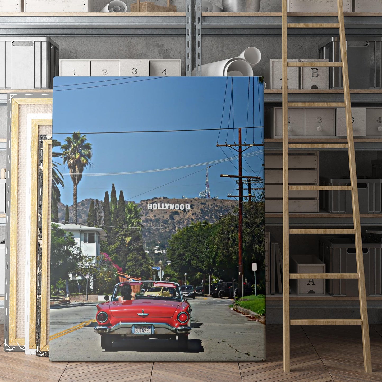 Red Convertible with Hollywood Sign