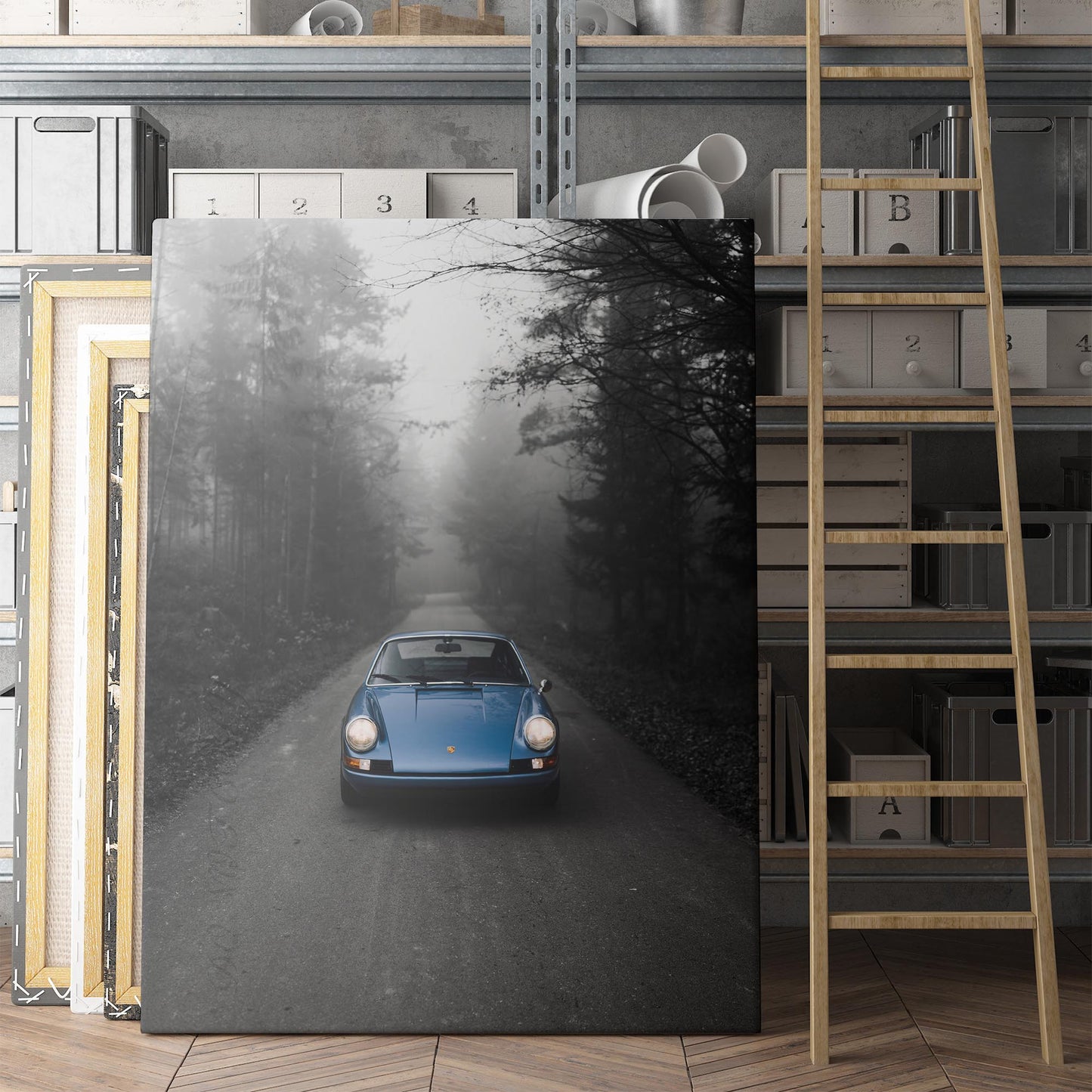 Vintage Blue Porsche in the Mist on Black & White