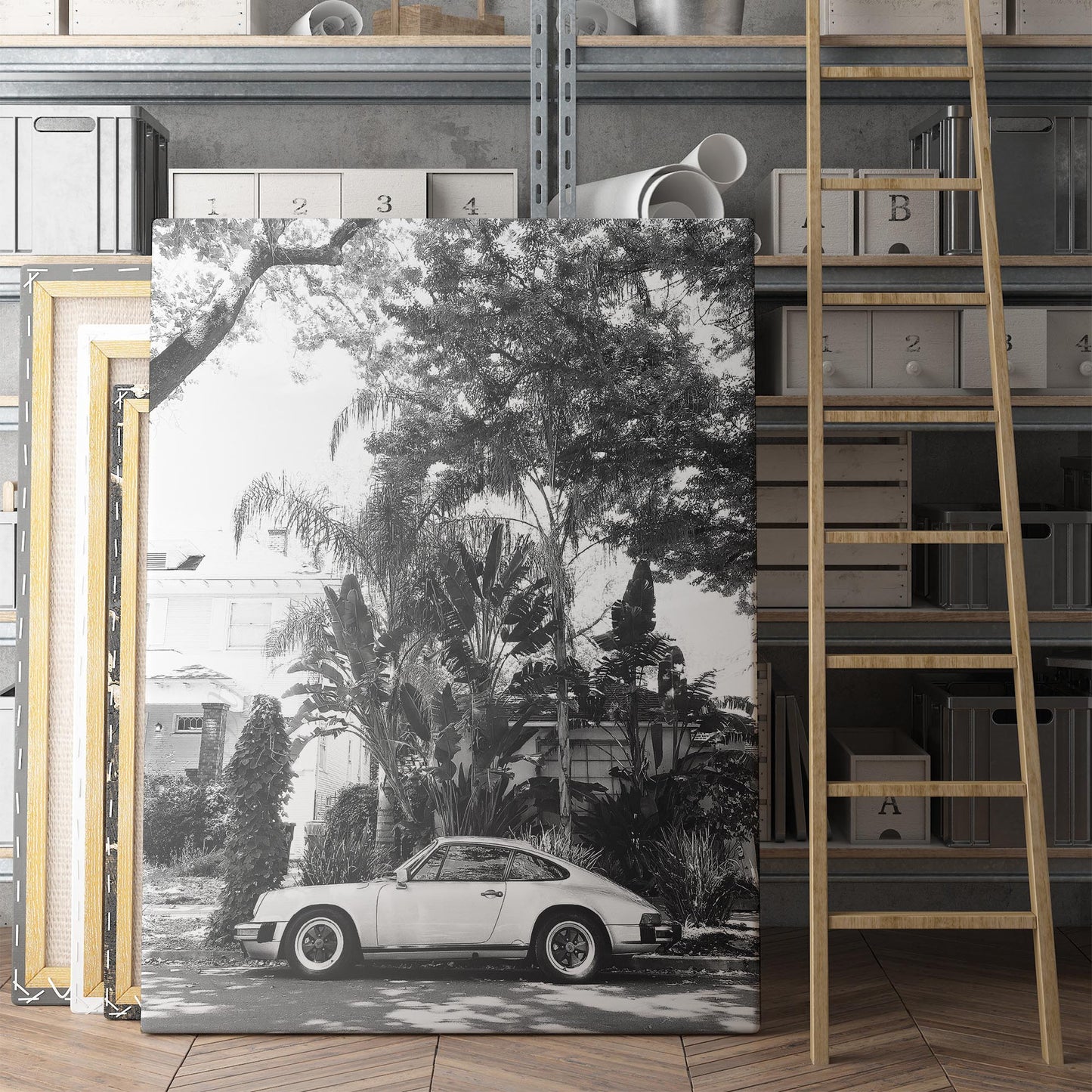 Vintage Porsche 911 Under Palm Trees in Black & White