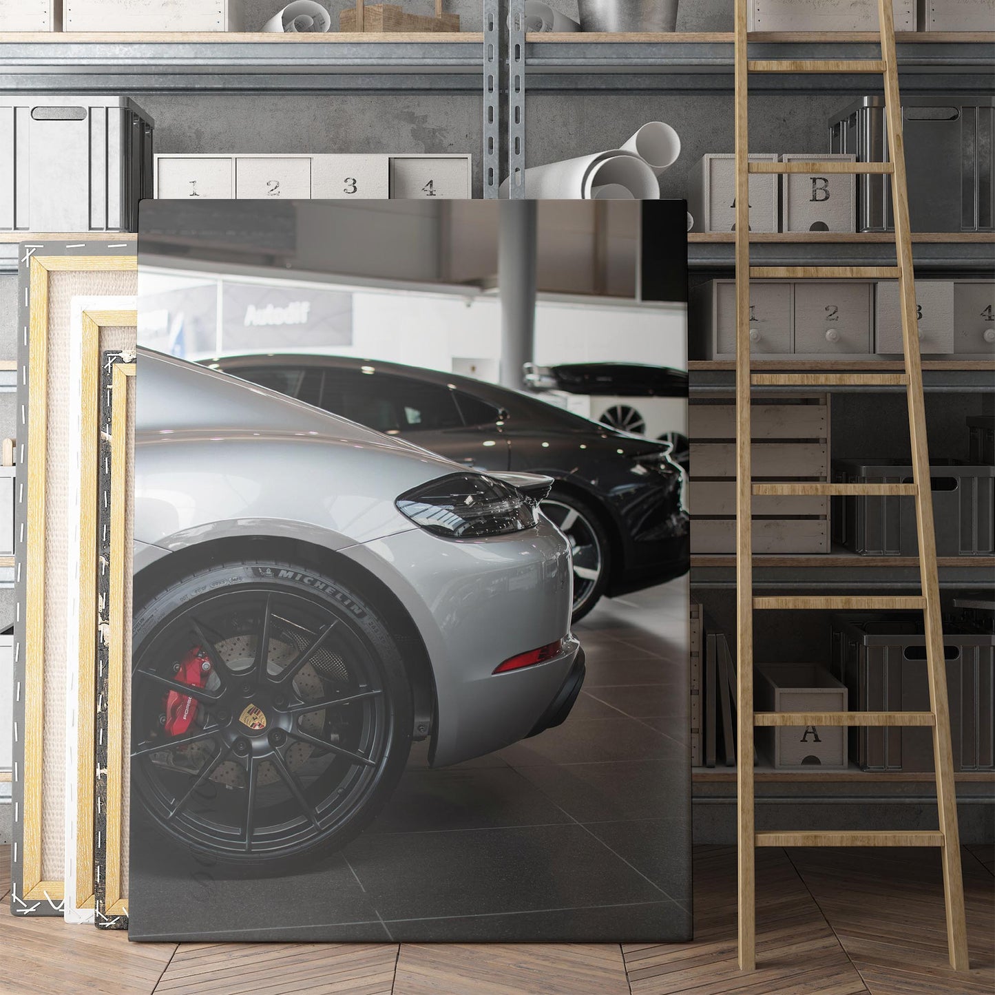 Silver Porsche in the Showroom