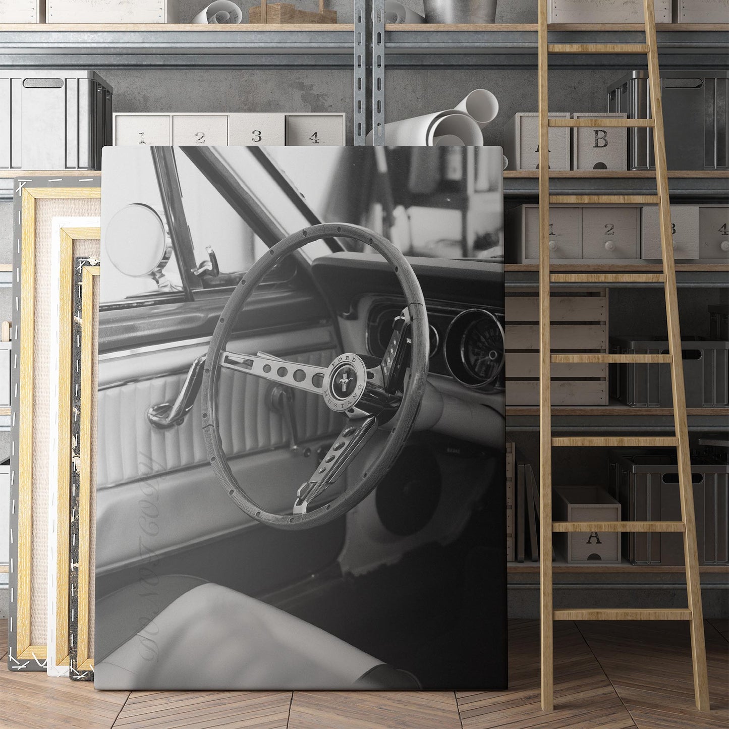 Vintage Ford Mustang Interior in Black & White