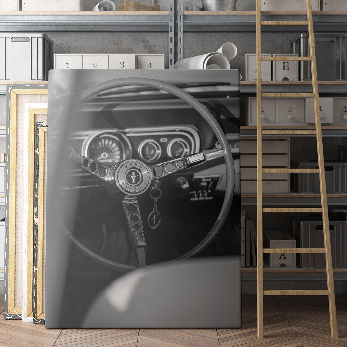 Vintage Ford Mustang Interior in Black & White