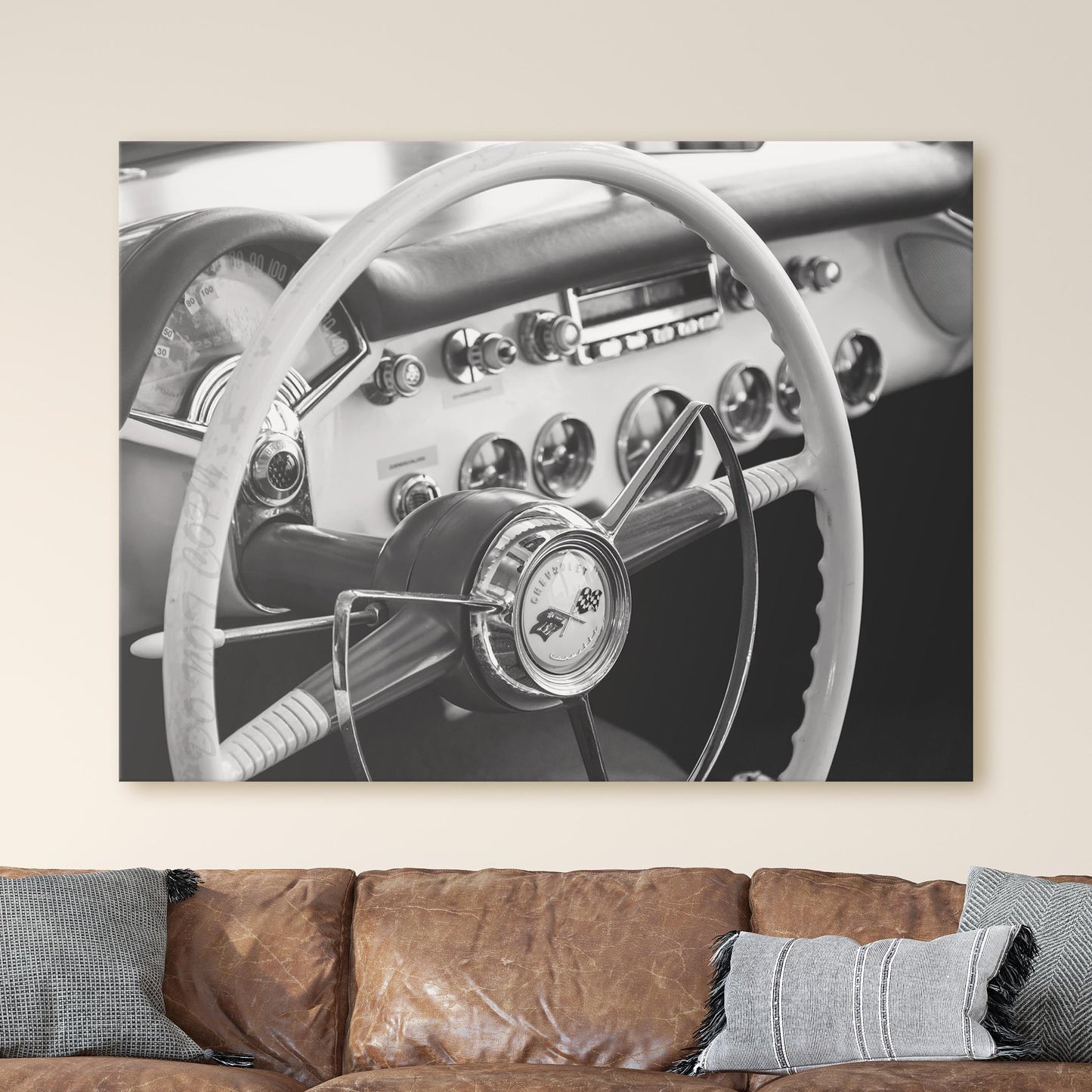 Classic Chevrolet Corvette Interior Dashboard in Black & White