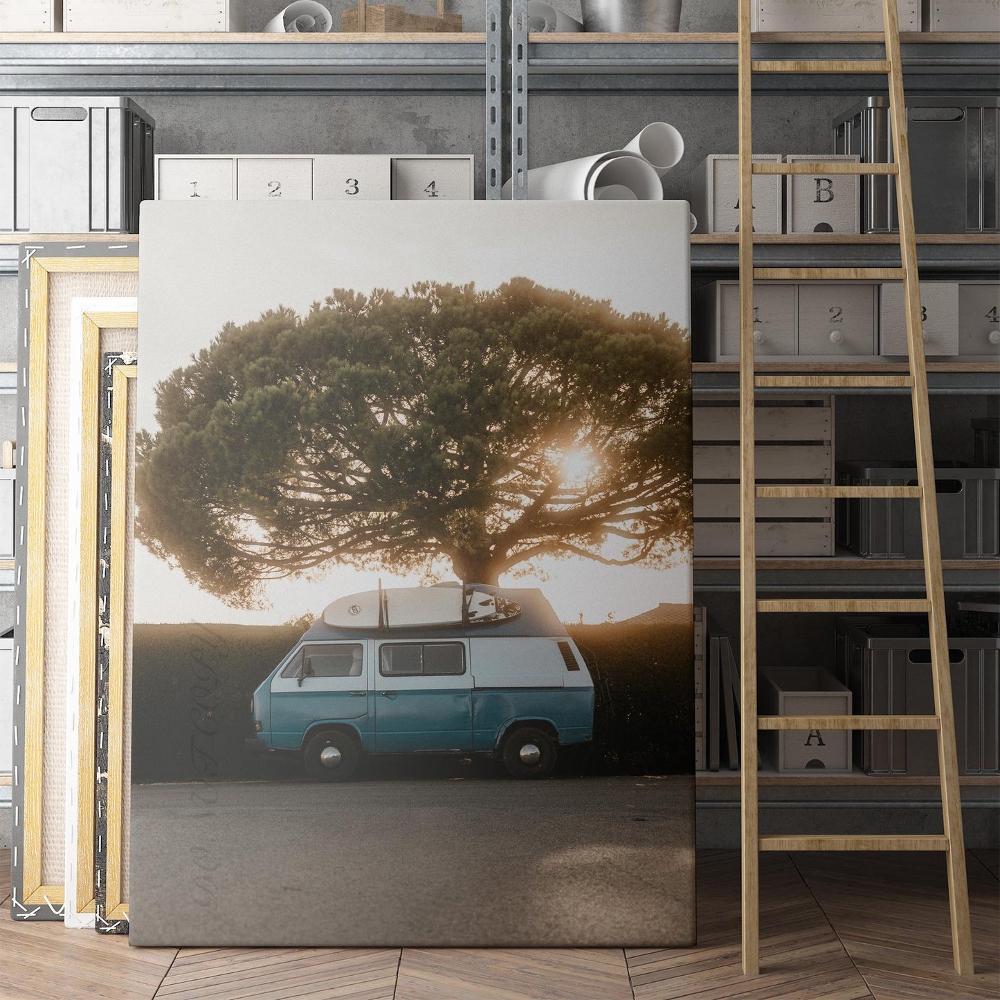 Old Van with Surfboard and Sunset