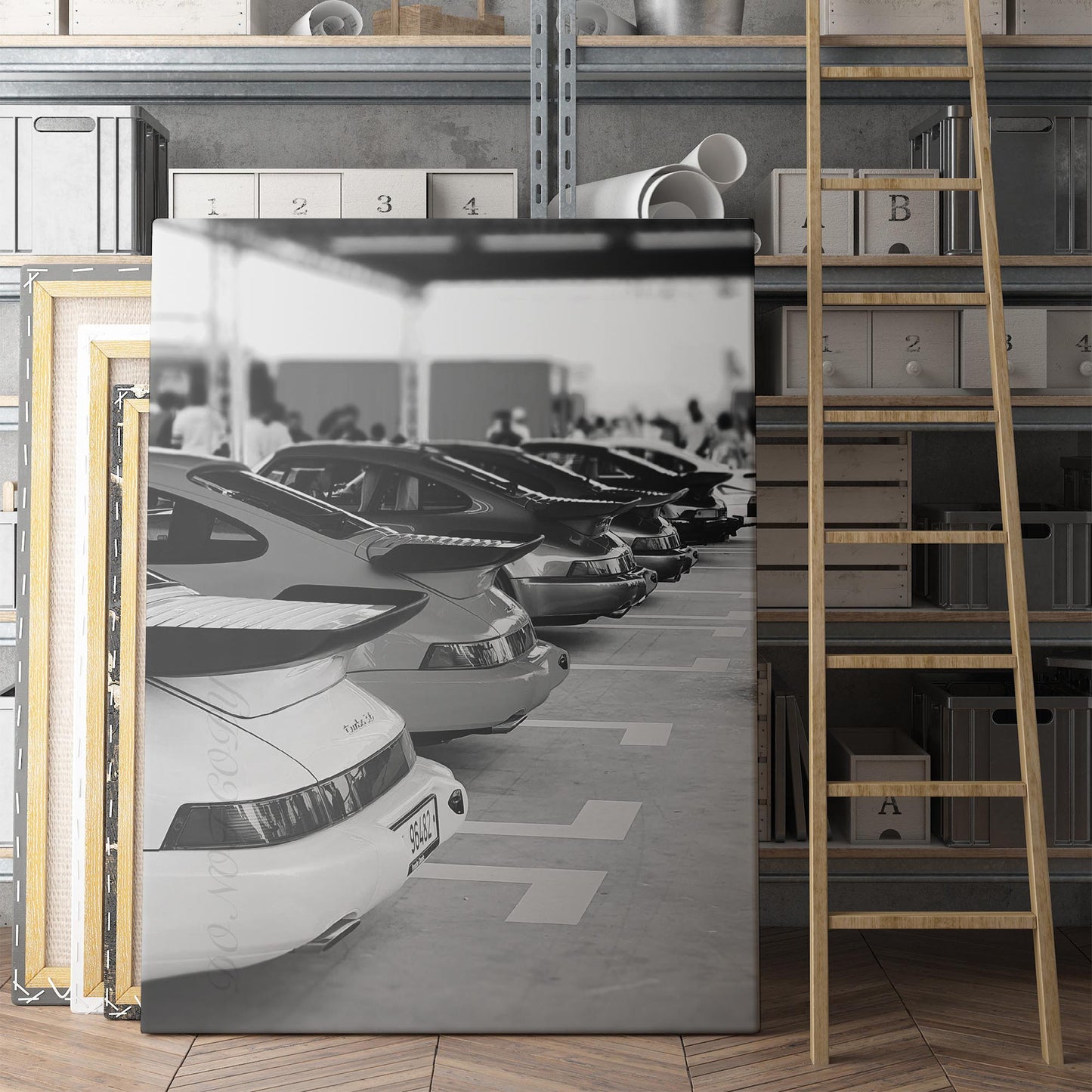 Garage Full of Vintage Porsches in Black & White