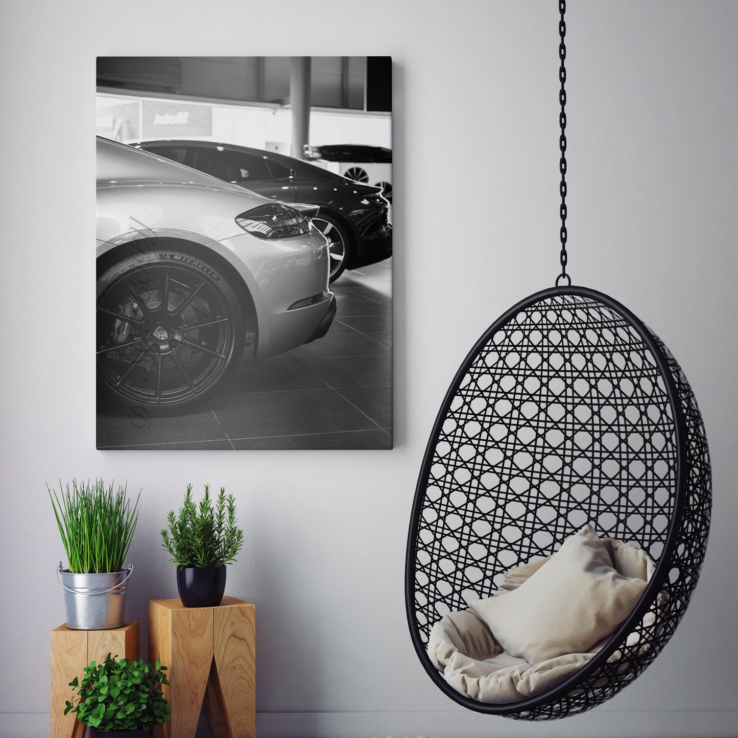 Black & White Porsche in the Showroom