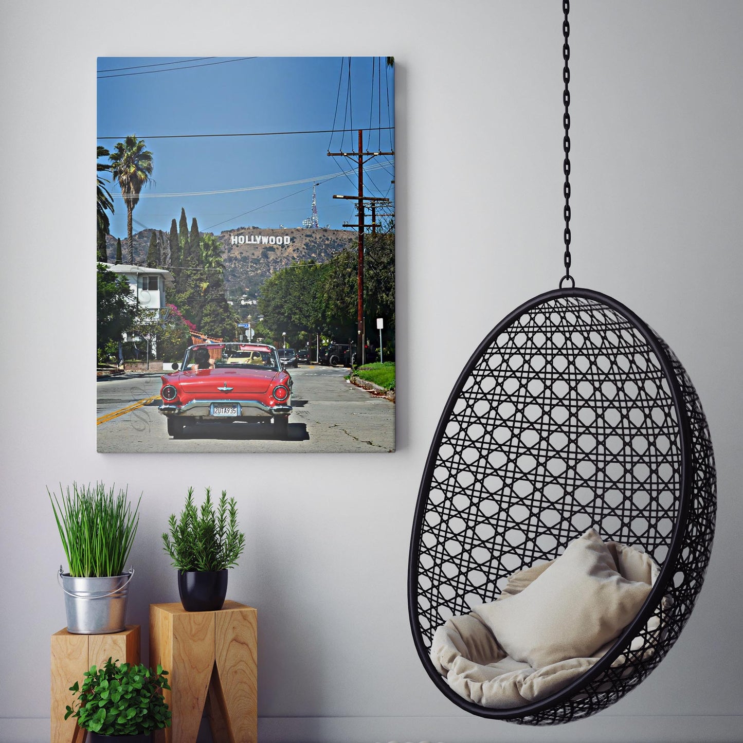 Red Convertible with Hollywood Sign