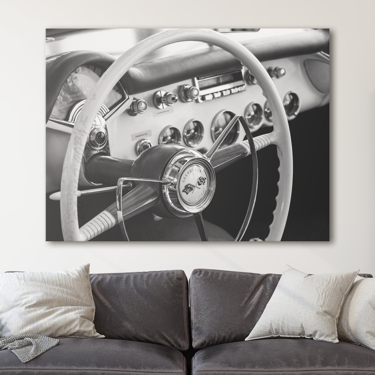 Classic Chevrolet Corvette Interior Dashboard in Black & White