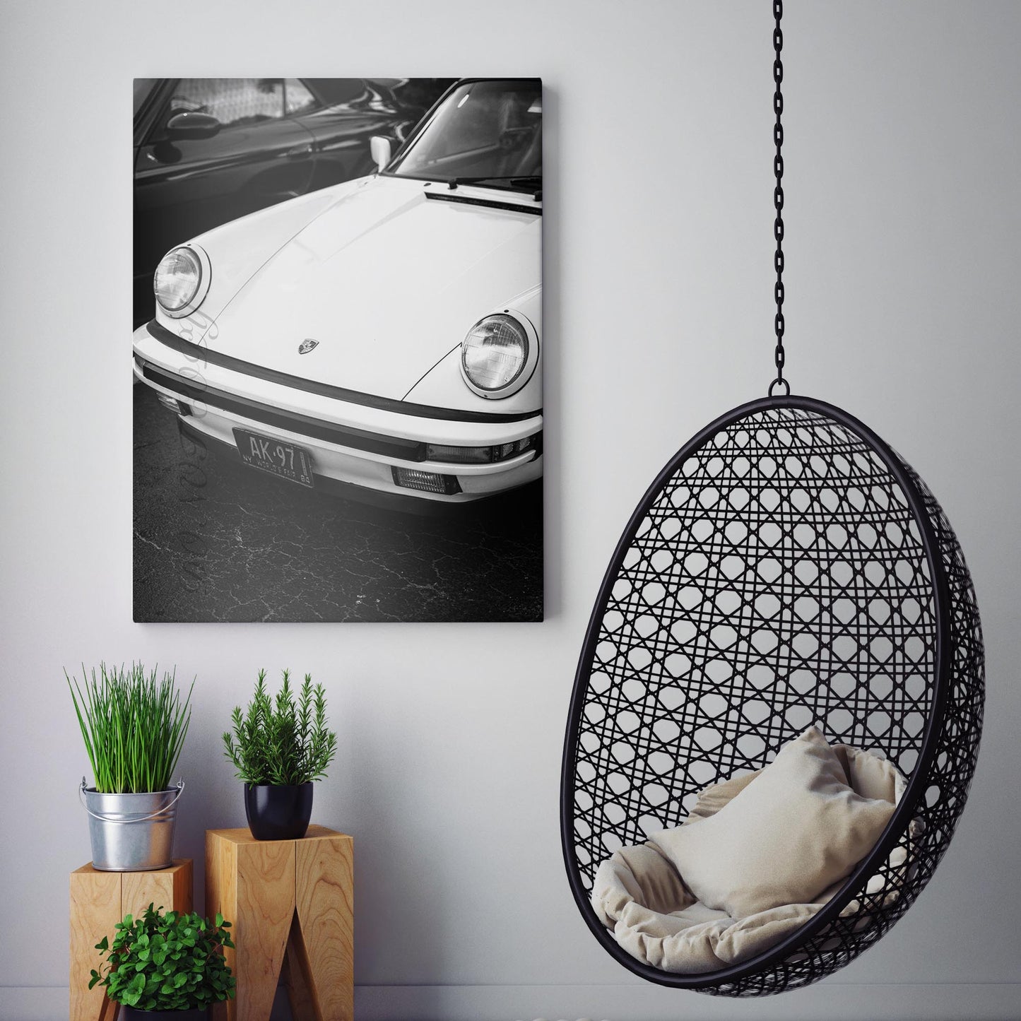 Vintage White Porsche 911 Lights in Black & White