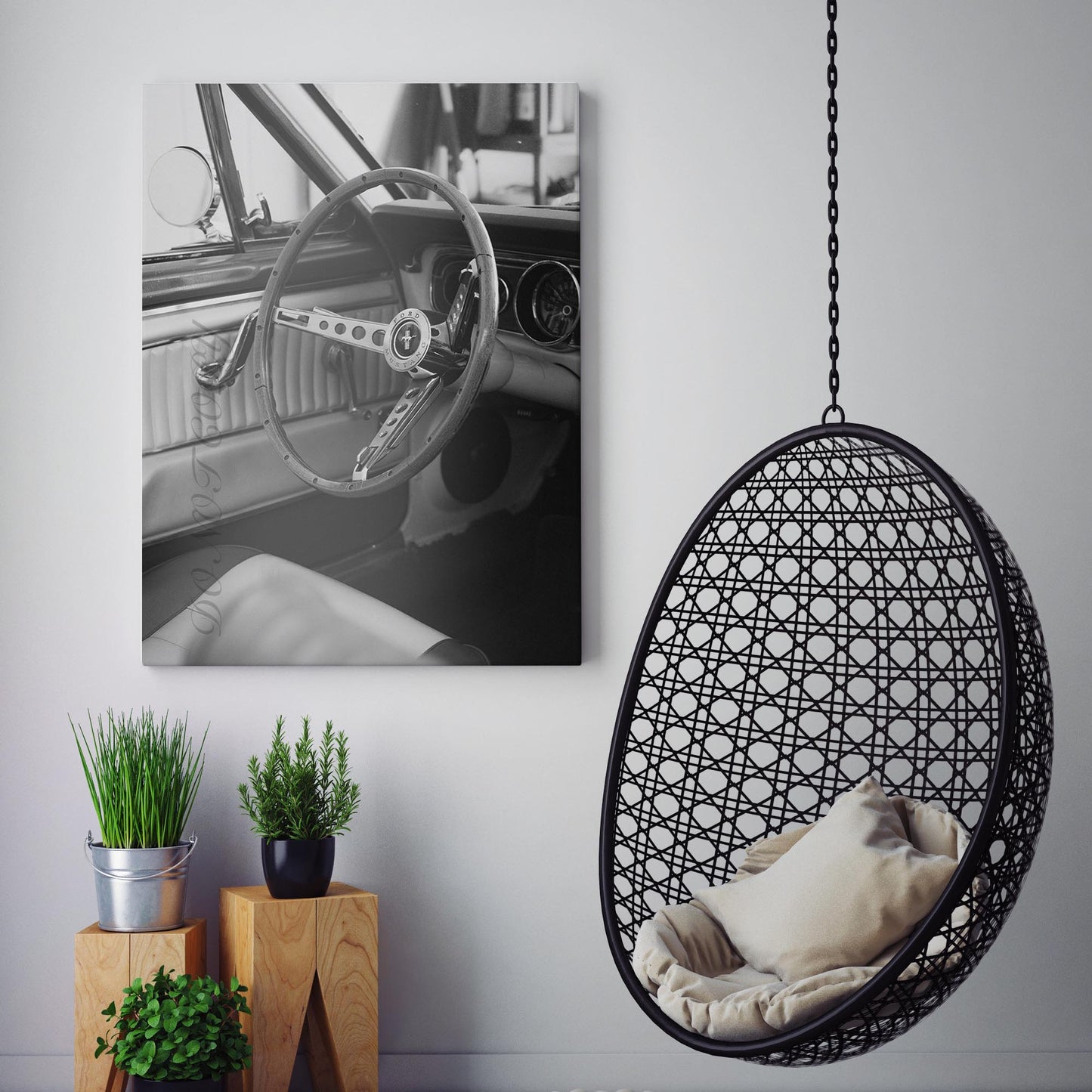 Vintage Ford Mustang Interior in Black & White