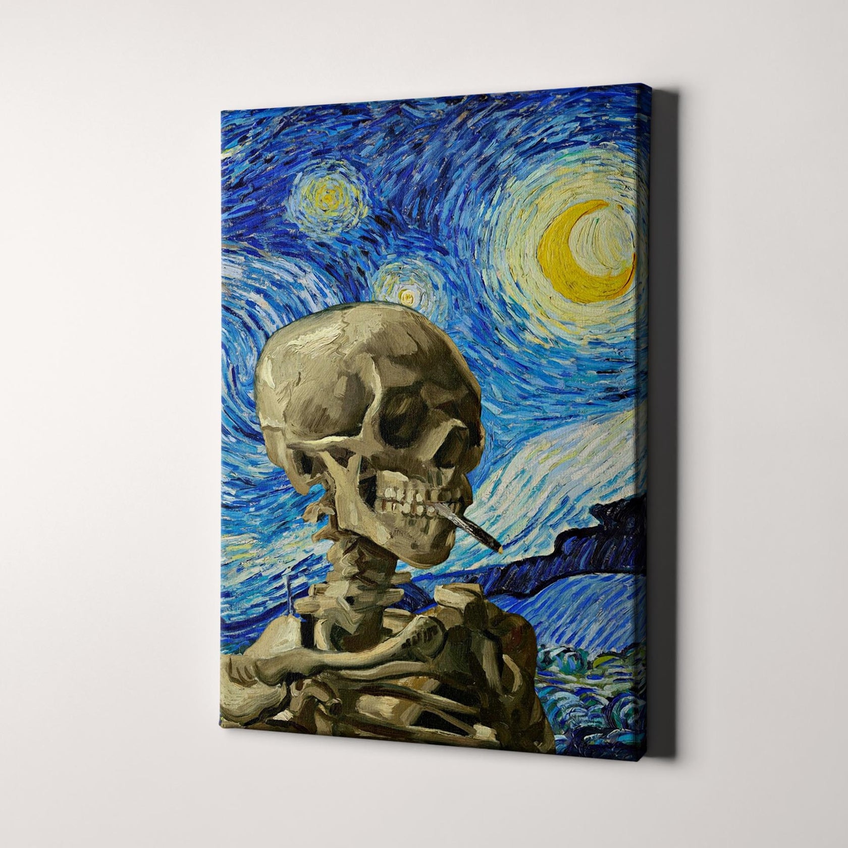Van Gogh Starry Night & Smoking Skeleton Canvas Wall Art Prints - Big ...