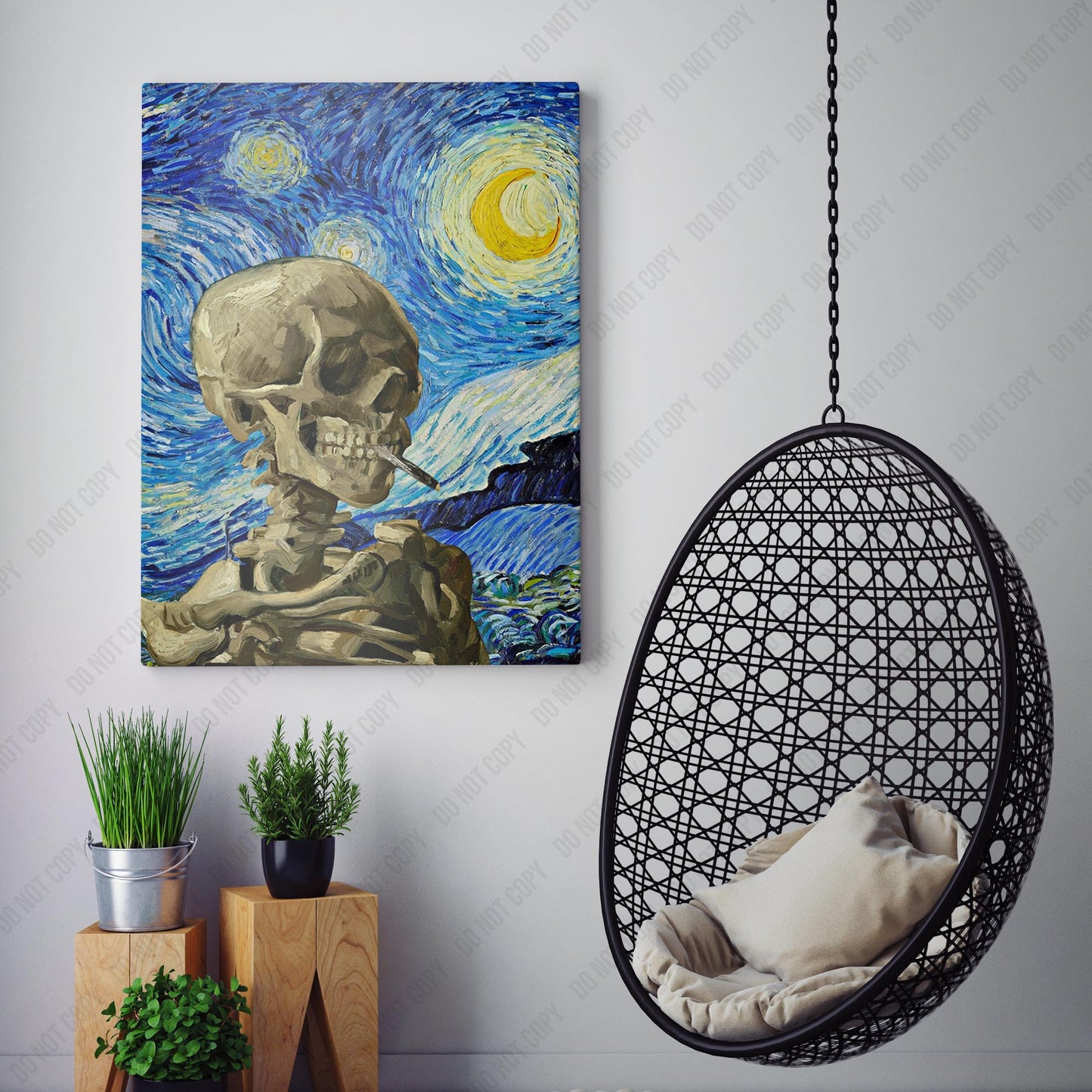 Vincent Van Gogh Starry Night & Smoking Skeleton