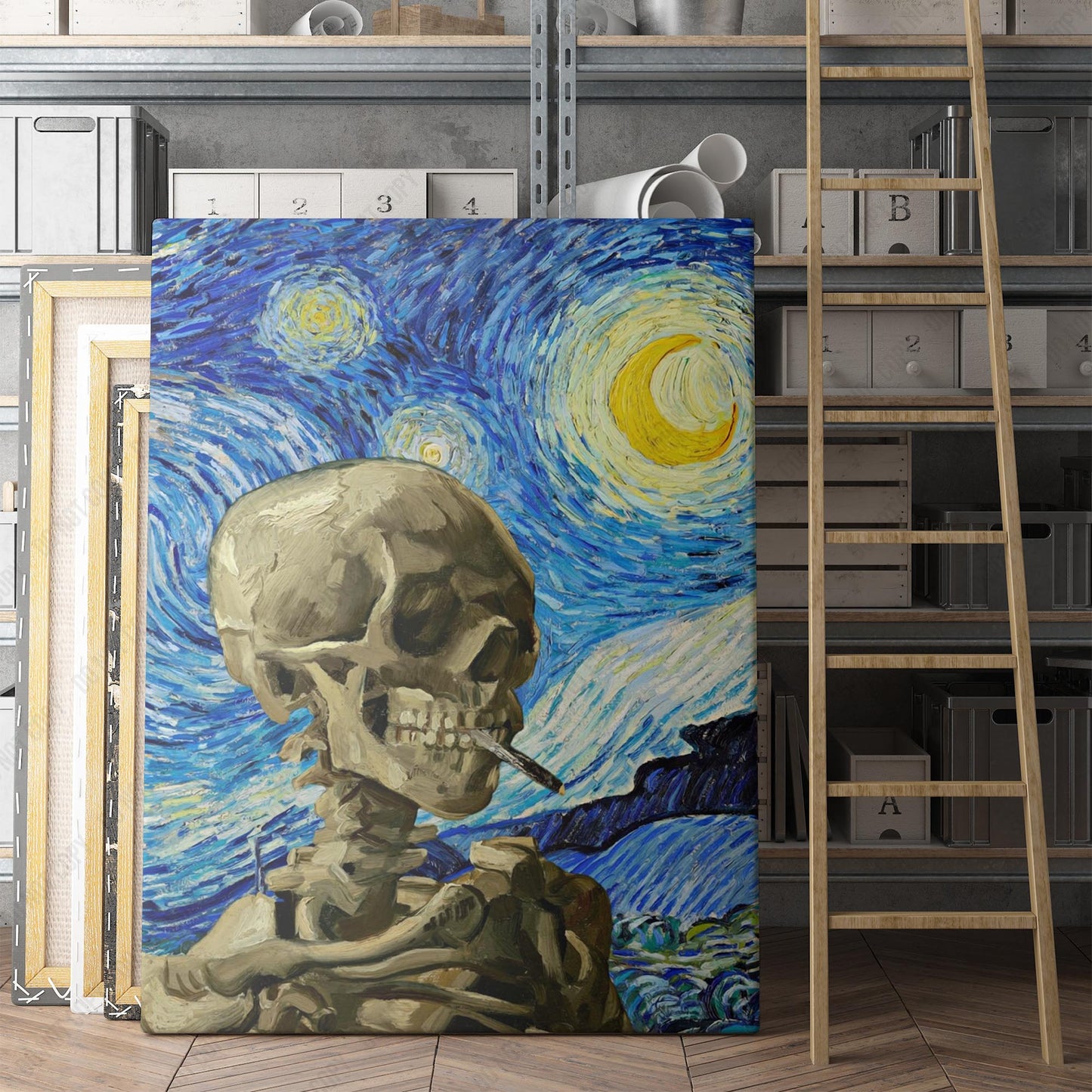 Vincent Van Gogh Starry Night & Smoking Skeleton