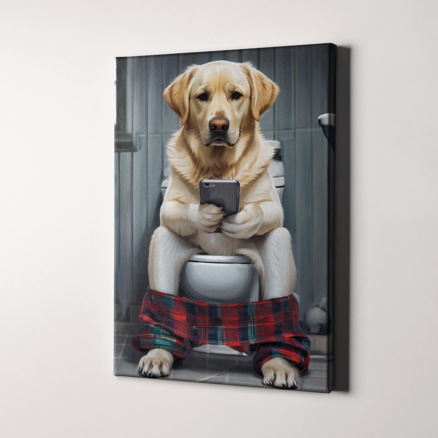 Yellow Labrador Retriever On Phone On Toilet