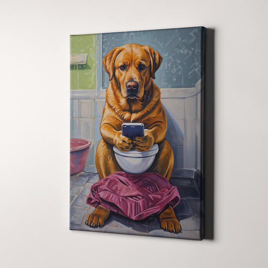 Yellow Labrador Retriever On Phone On The Toilet