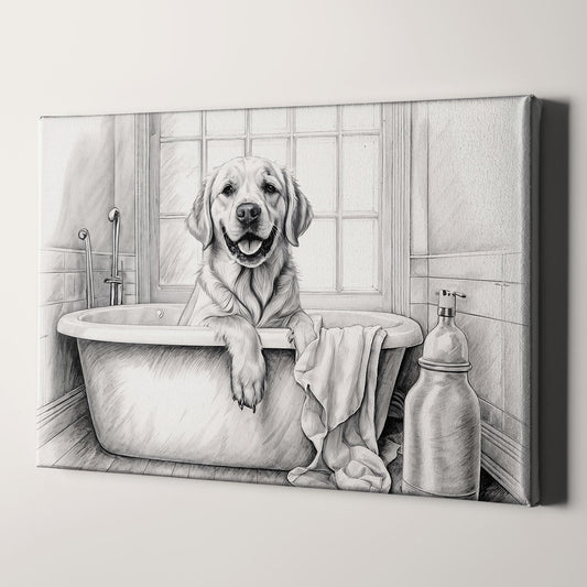 Yellow Labrador Retriever Taking Bath In Bathtub