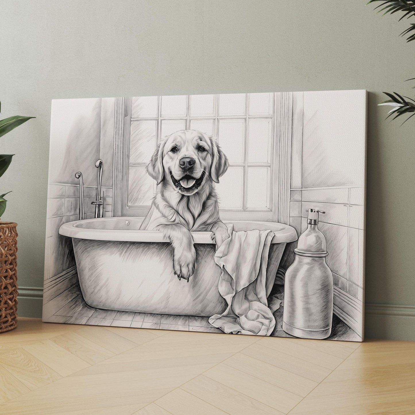 Yellow Labrador Retriever Taking Bath In Bathtub