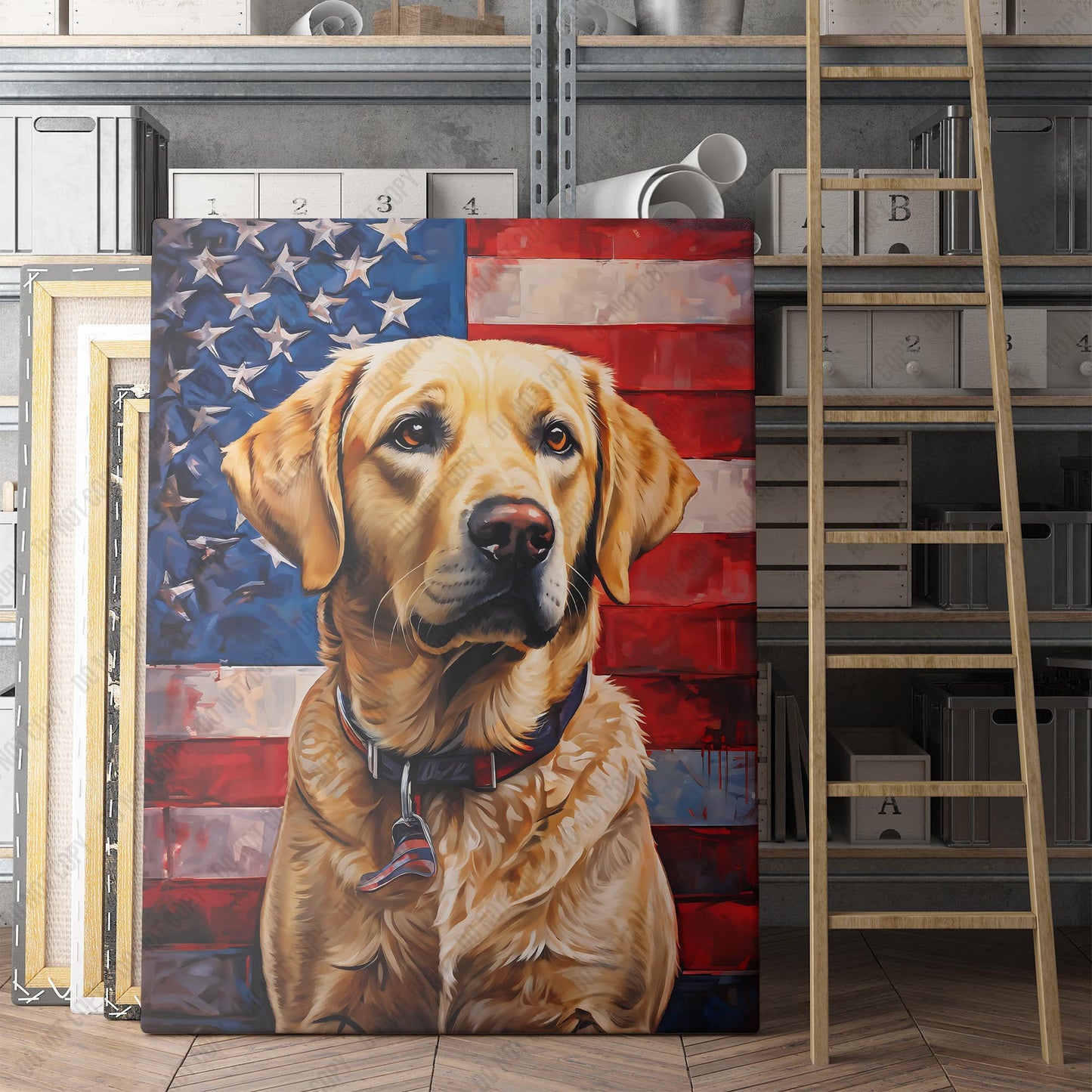 Yellow Labrador With American Flag