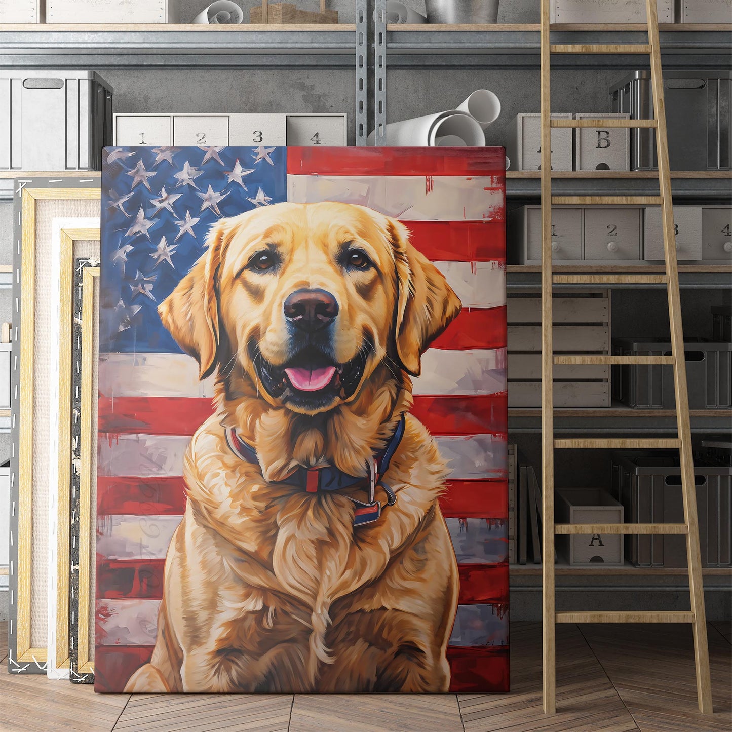 Yellow Labrador With USA Flag