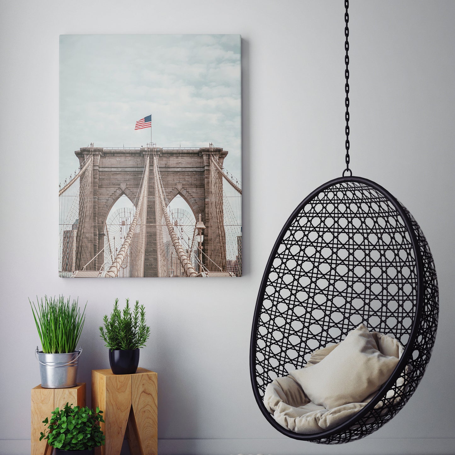 Brooklyn Bridge With American Flag