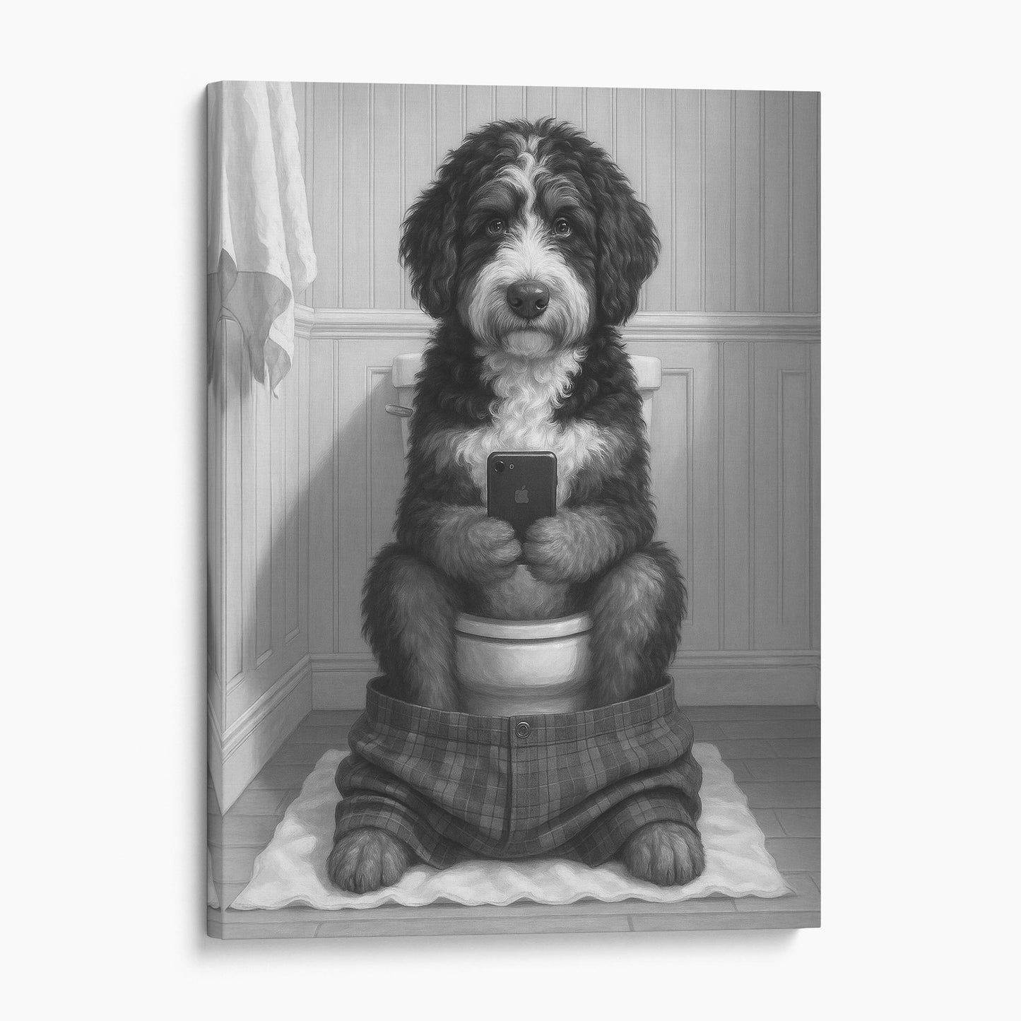 Bernedoodle Dog On The Phone On The Toilet