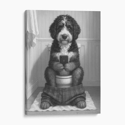 Bernedoodle Dog On The Phone On The Toilet