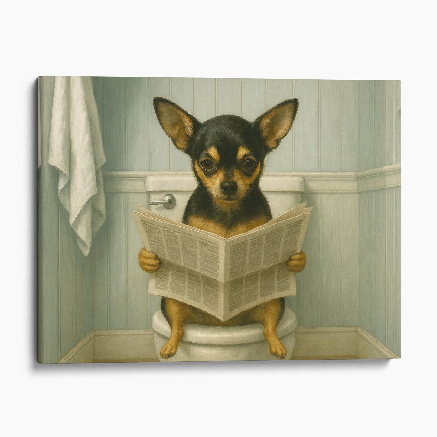 Chihuahua Dog Reading The Newspaper On The Toilet