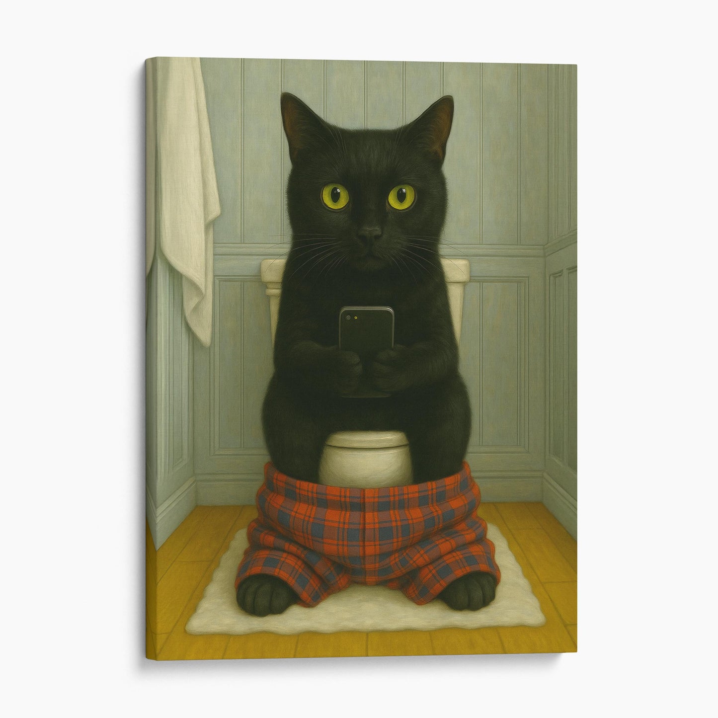 Black Cat On The Phone On The Toilet