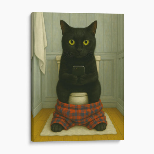 Black Cat On The Phone On The Toilet